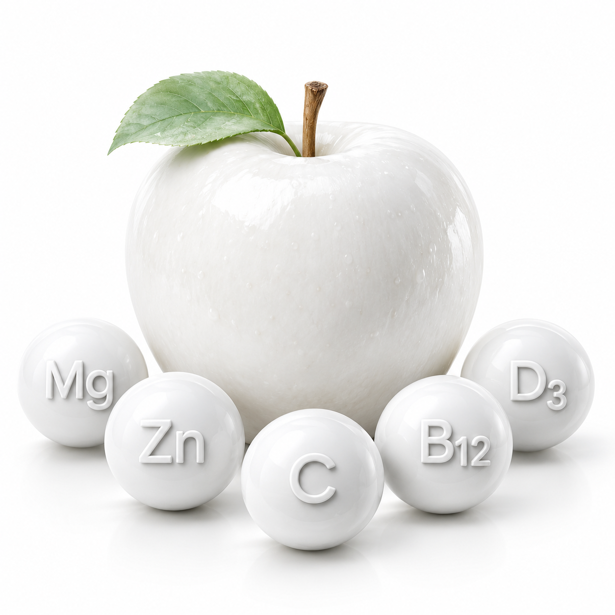 Weißer Apfel mit Vitamin- und Mineralsymbolen für den Mikronährstoffe-Check